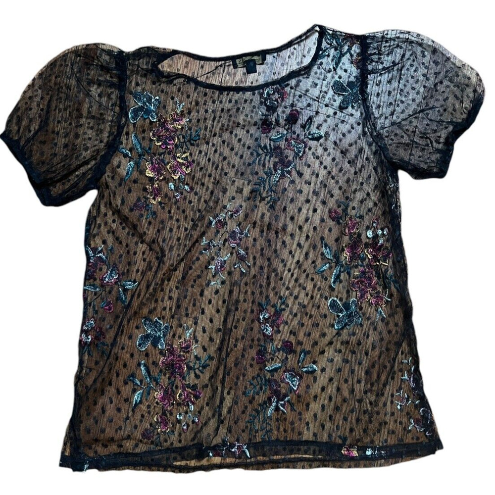 Suzanne Betro Womens Top L Black Red Floral Mesh - Picture 2 of 5